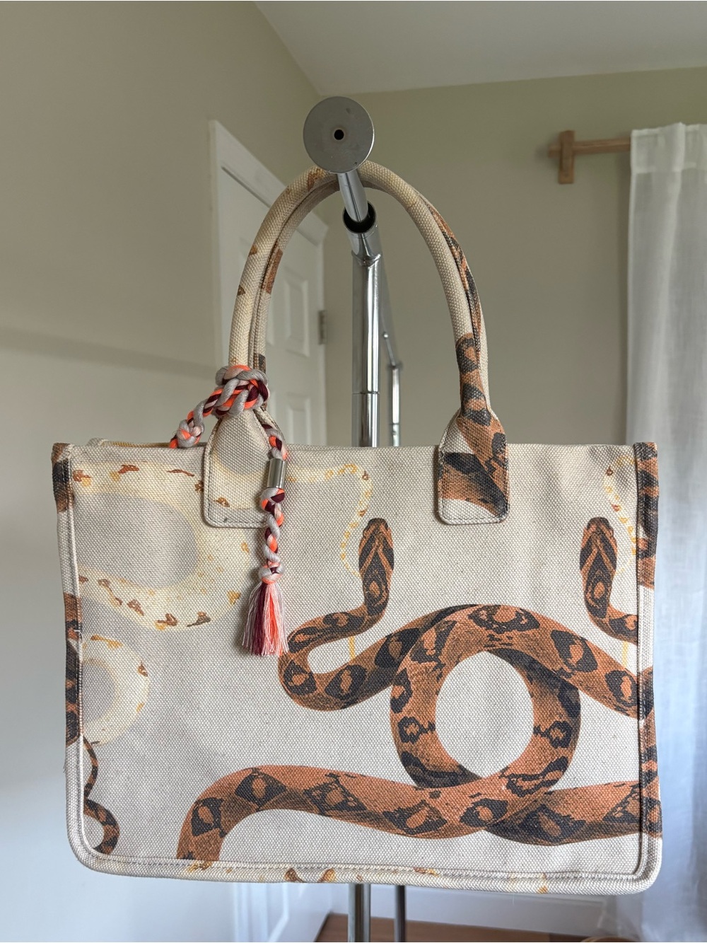 Vince Camuto Orla Snake Print Canvas Tote Bag Tassel Large